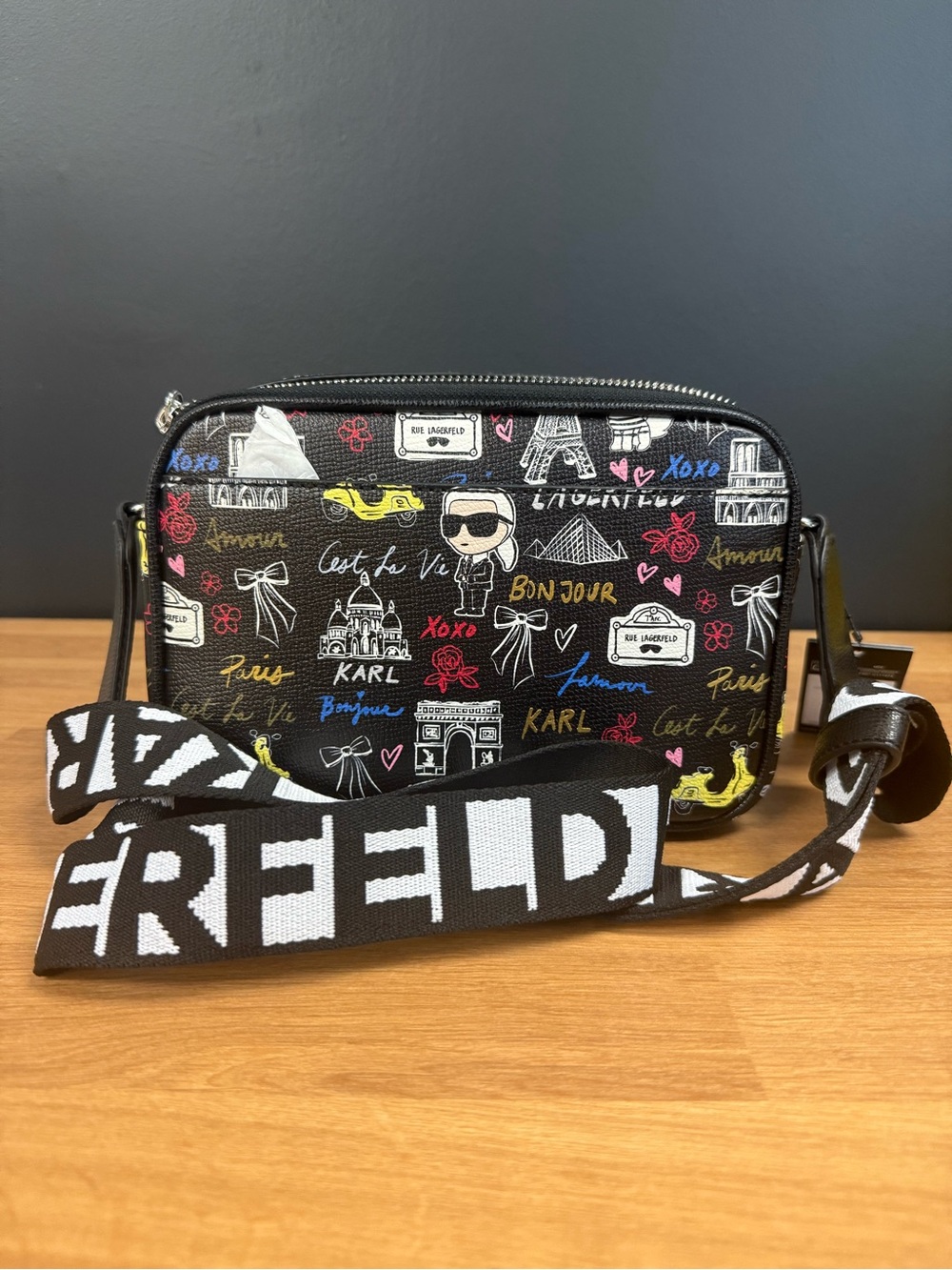 Karl Lagerfeld Black Crossbody Bag with Multicolor Paris Print New NWT